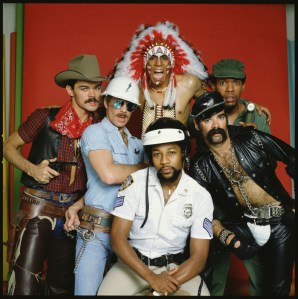 Portrait of the original members of the American disco group The Village People, from left to right: Randy Jones (the cowboy); David Hodo (the construction worker); Felipe Rose (the American Indian); Victor Willis (the cop); Glenn Hughes (the leatherman) and Alexander Briley (the G.I.). (Photo by CBS Archive/Getty IMages)